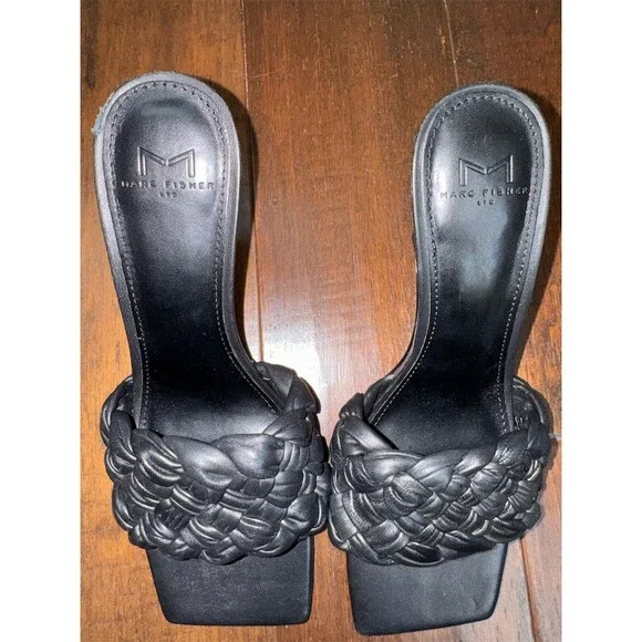 Marc Fisher LTD Sandals Womens Black Woven Braided Slide Mule Square Toe Heel 8 - Picture 7 of 11
